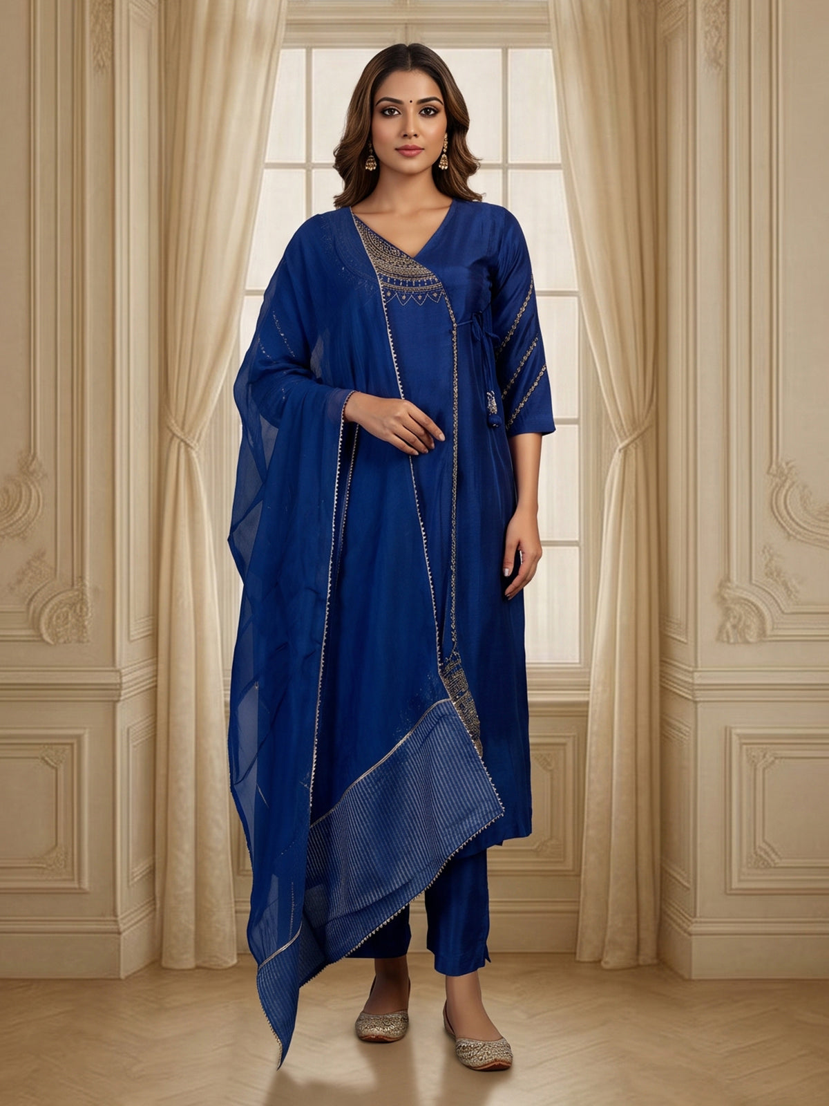 Royal blue silk anarkali salwar suit with dupatta and stylish pants