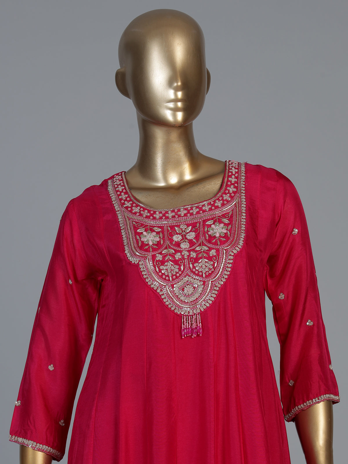 Deep rani pink silk yoke style salwar suit with printed dupatta