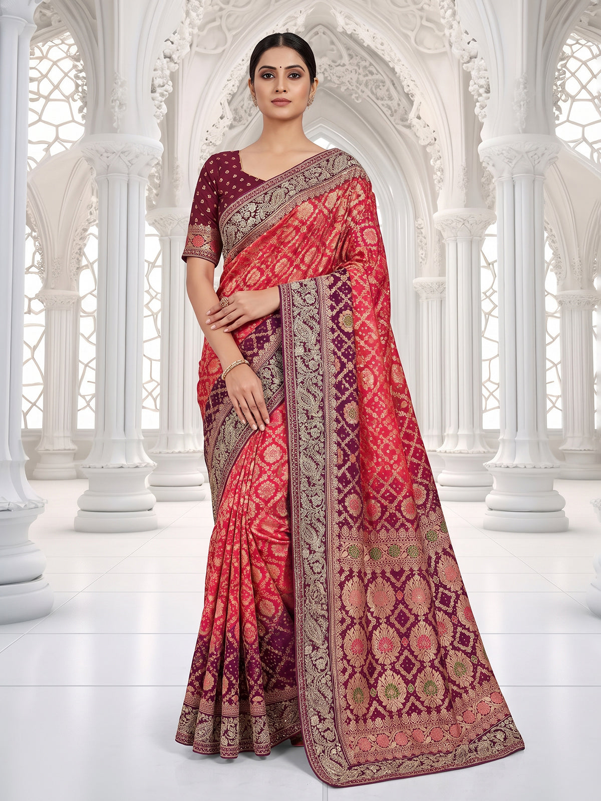 Red printed shaded dola silk saree for grand festive occasions