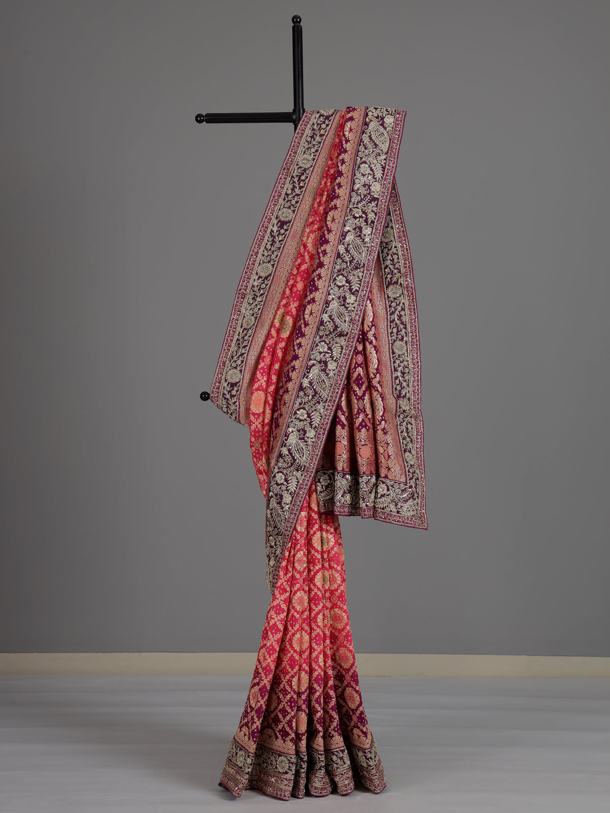 Red printed shaded dola silk saree for grand festive occasions