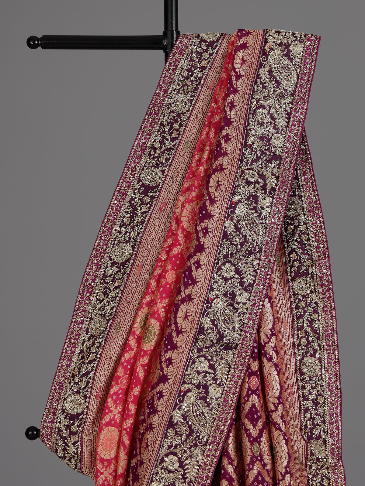 Red printed shaded dola silk saree for grand festive occasions