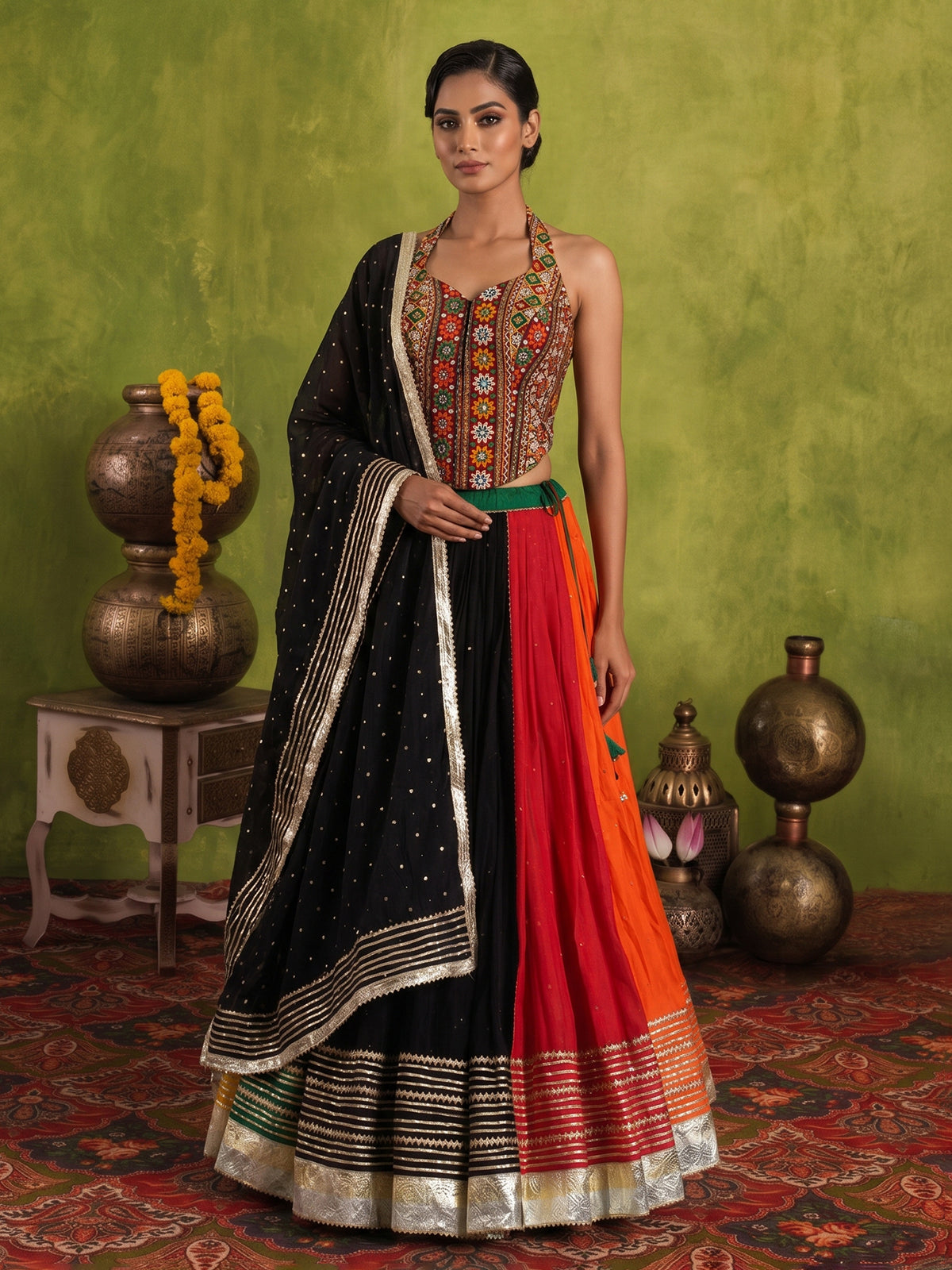 Multicolor halter neck navratri wear lehenga choli