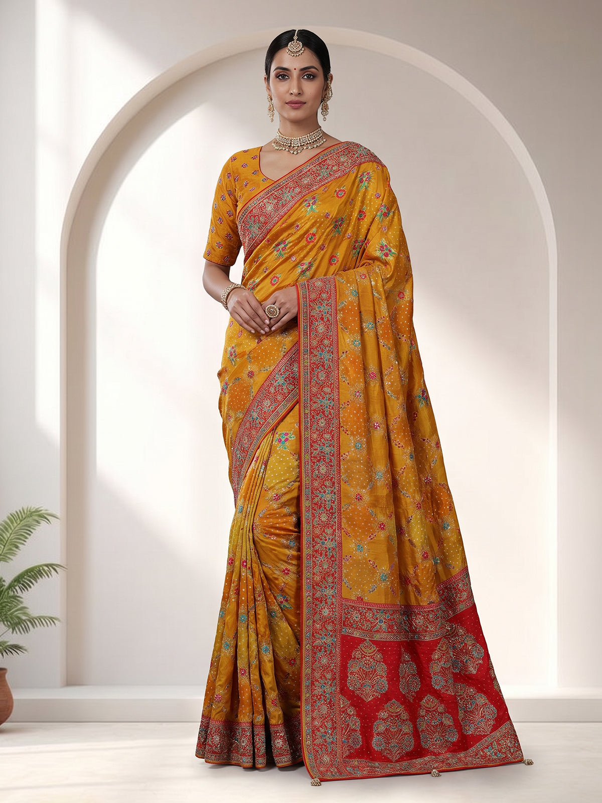 Mustard yellow printed dola silk saree for haldi celebrations