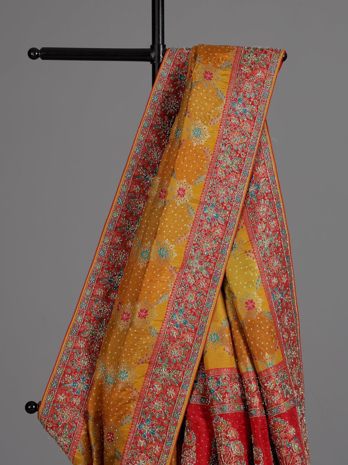 Mustard yellow printed dola silk saree for haldi celebrations
