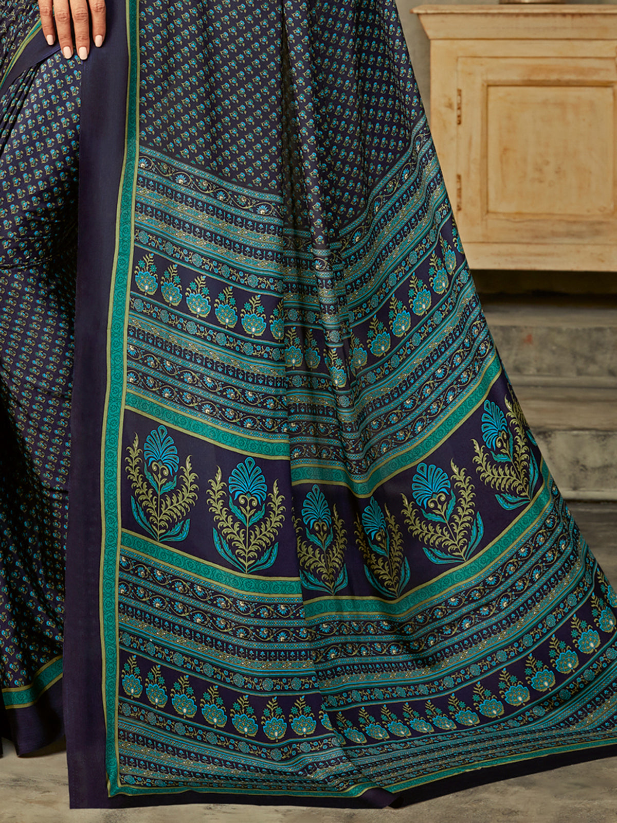 Navy crepe silk contemporary printed saree for everyday ethnic fashion