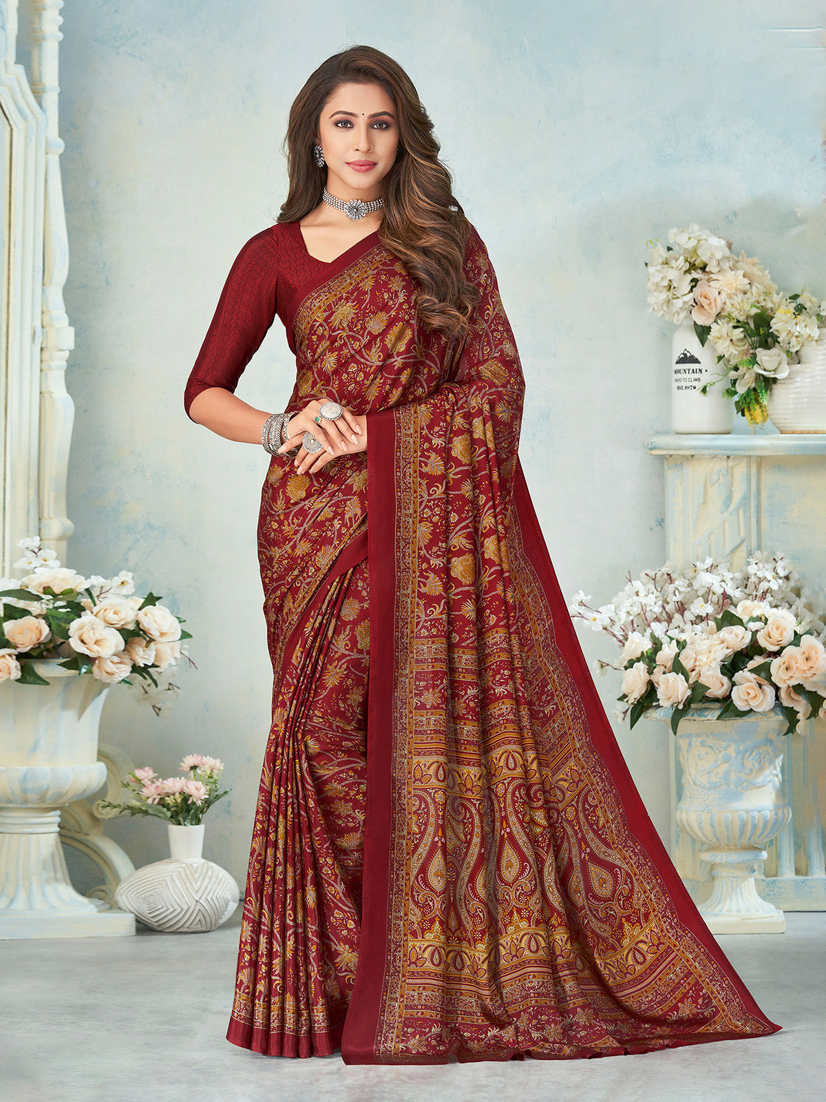 Maroon crepe silk designer printed saree for effortless daily elegance