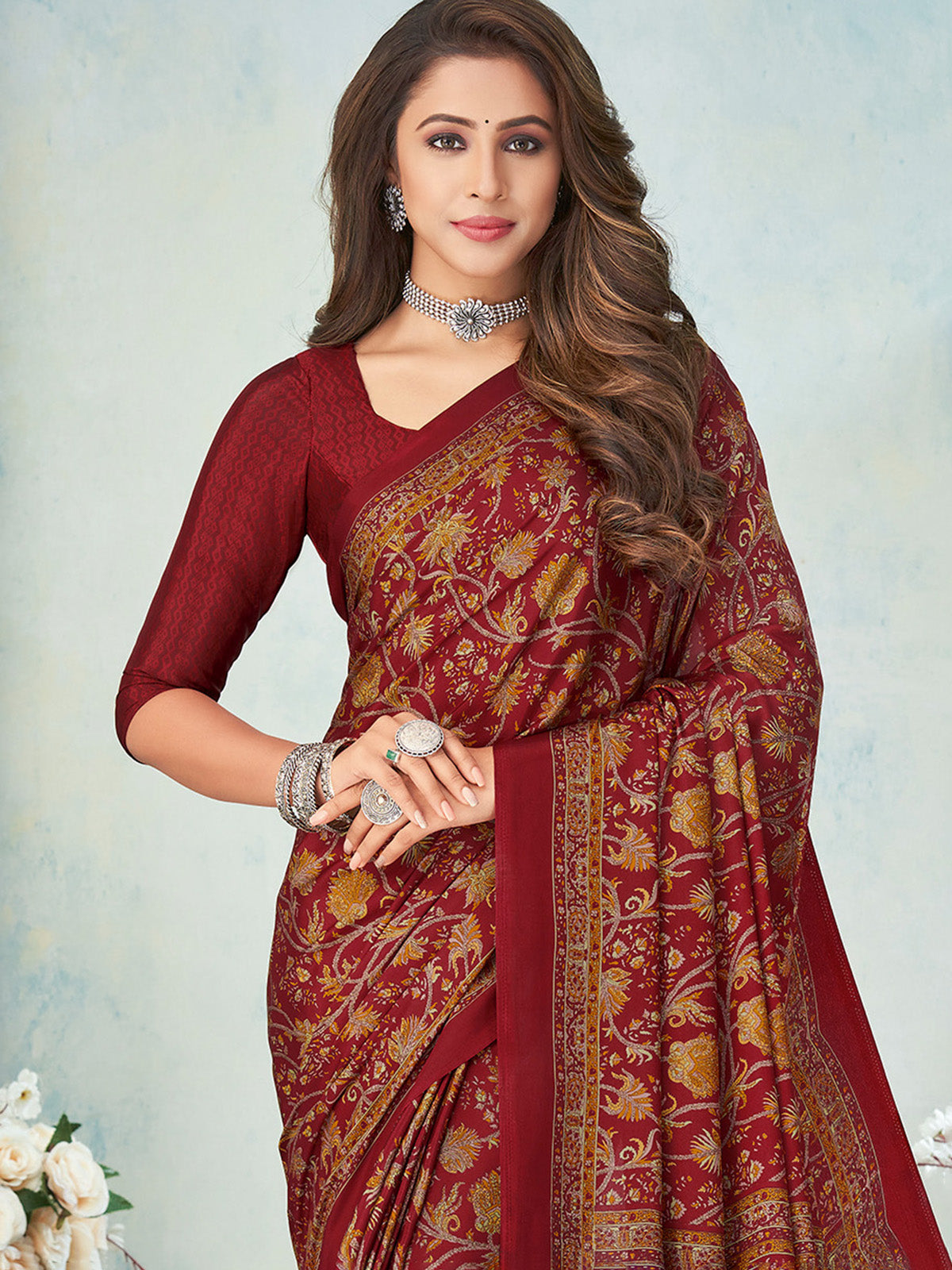 Maroon crepe silk designer printed saree for effortless daily elegance