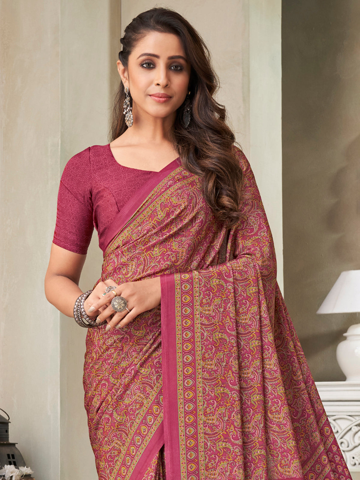 Wine floral printed crepe silk casual saree
