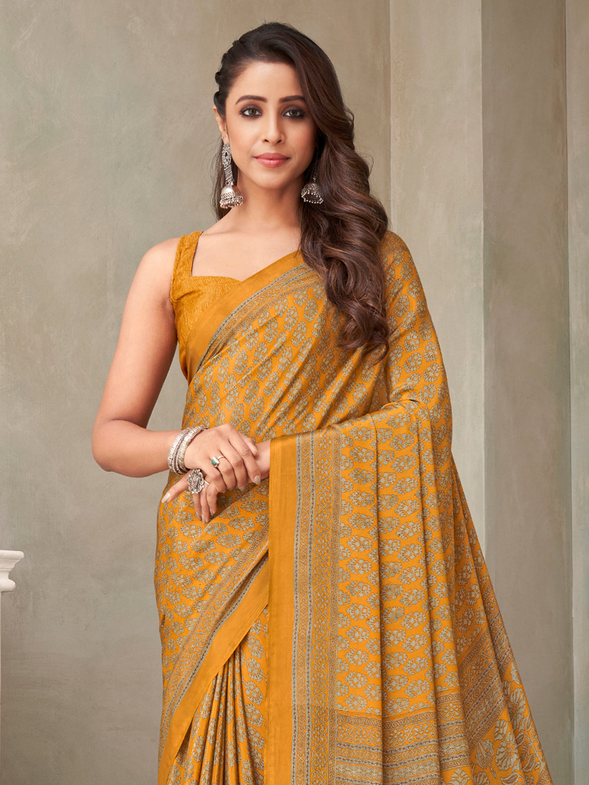 Mustard yellow floral printed crepe silk casual saree