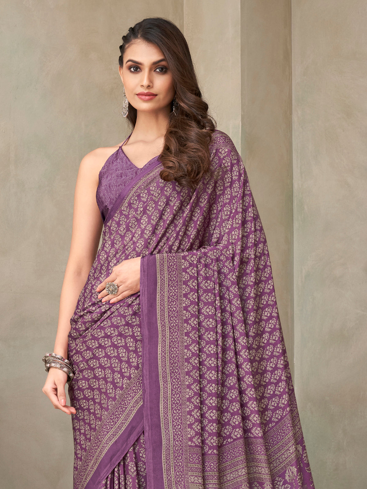 Lavender purple floral printed crepe silk casual saree