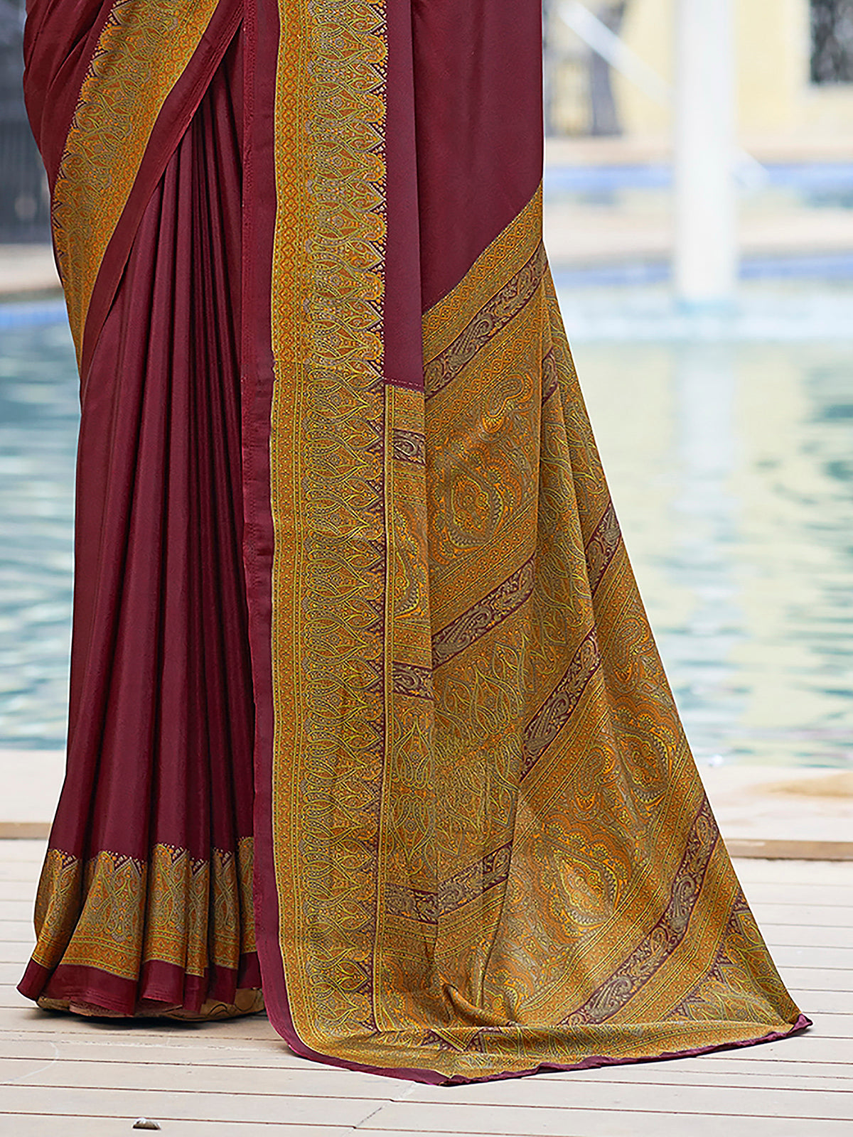 Wine printed crepe silk casual saree with contrast border and pallu