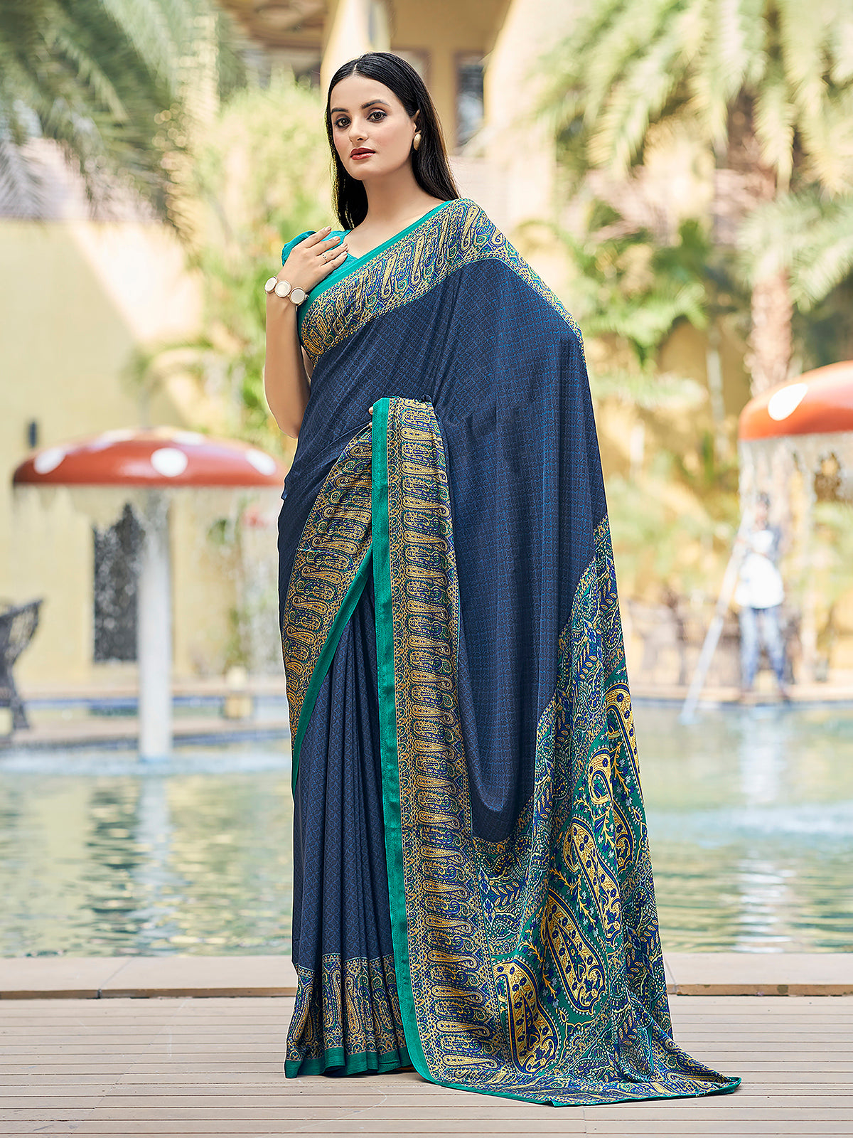 Blue printed crepe silk casual saree with contrast border and pallu