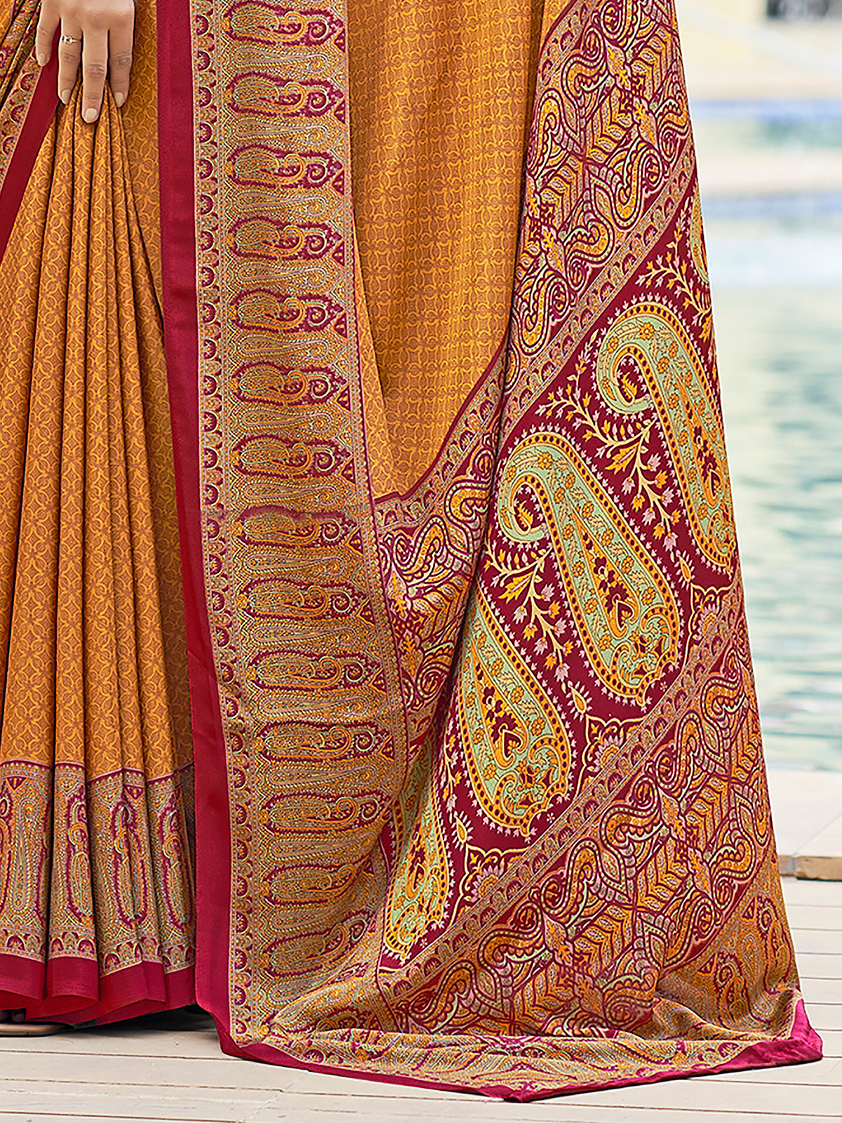 Mustard yellow printed crepe silk casual saree with contrast border and pallu