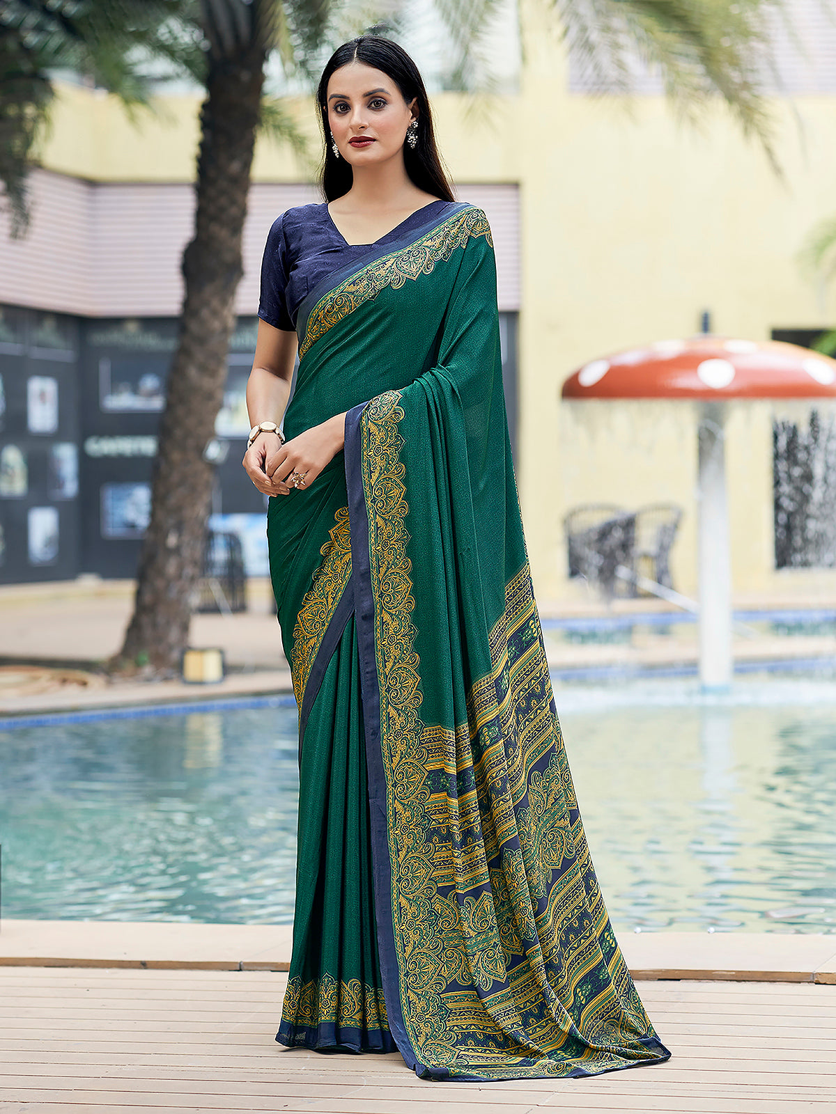 Green printed crepe silk casual saree with unstitched blouse