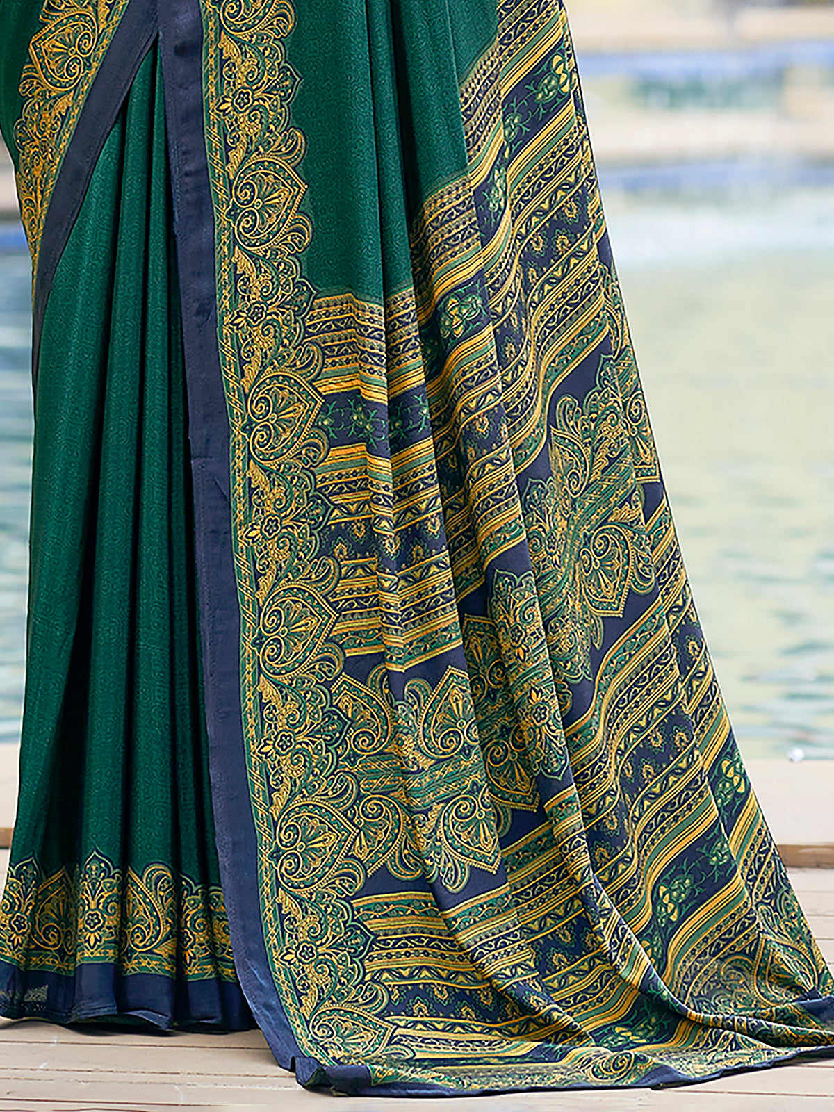 Green printed crepe silk casual saree with unstitched blouse