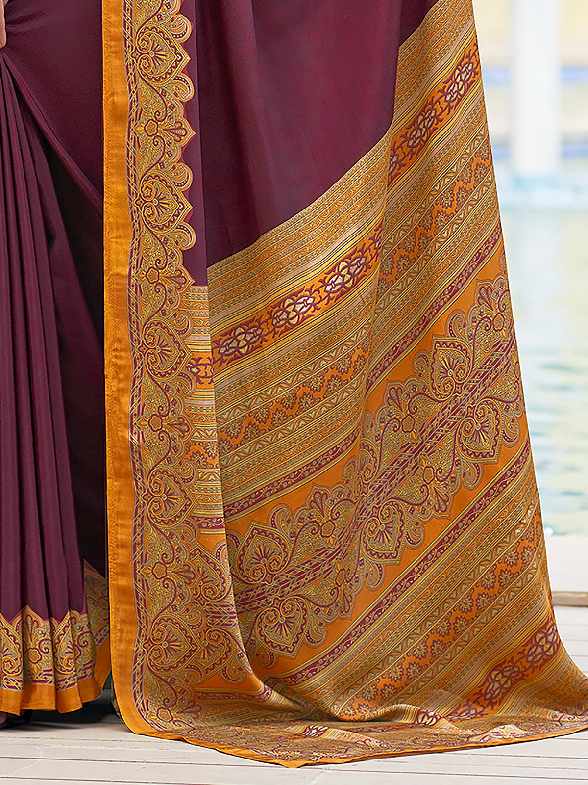 Wine printed crepe silk casual saree with unstitched blouse
