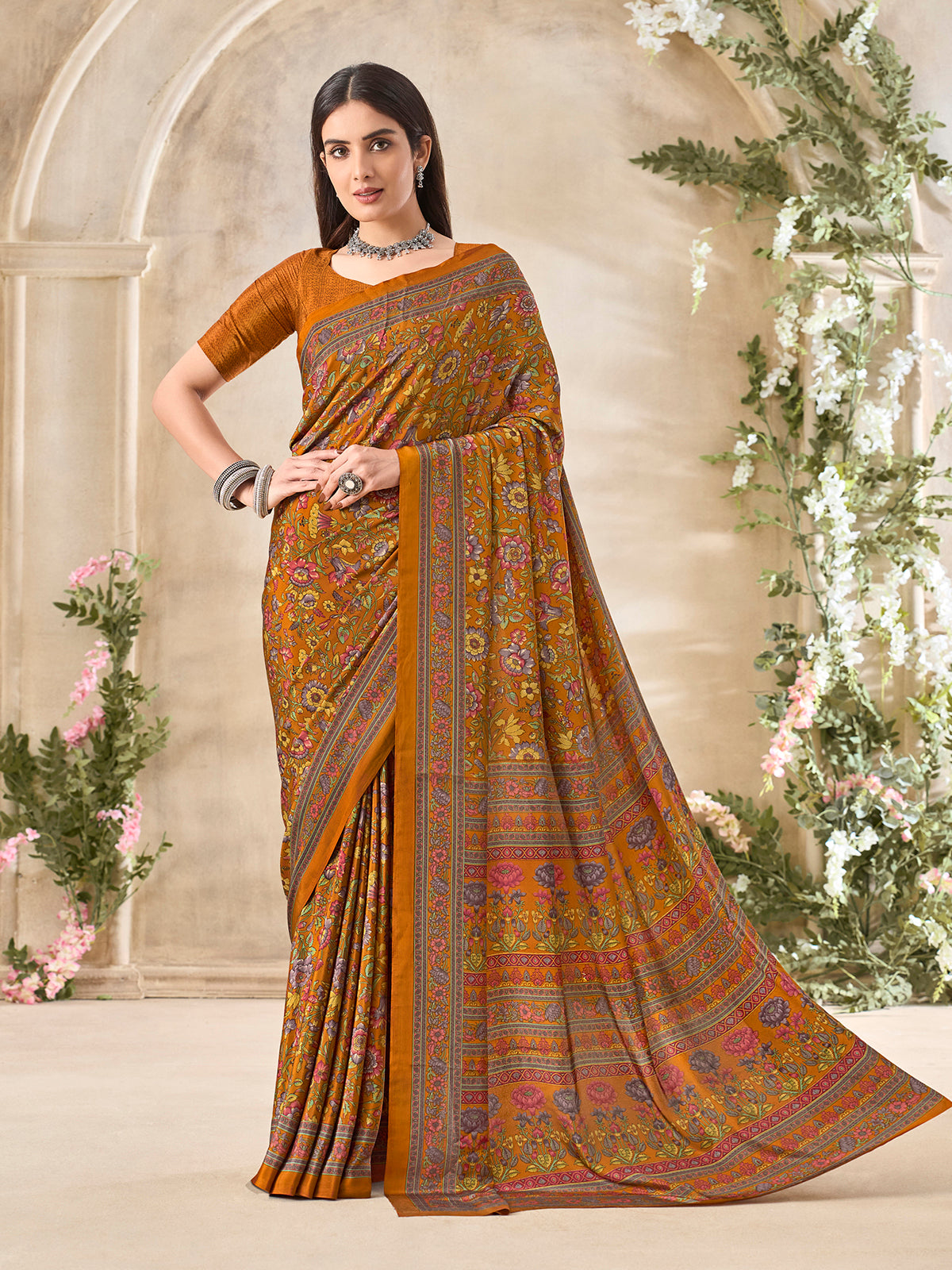 Rust yellow floral printed crepe silk fashionable casual wear saree for women