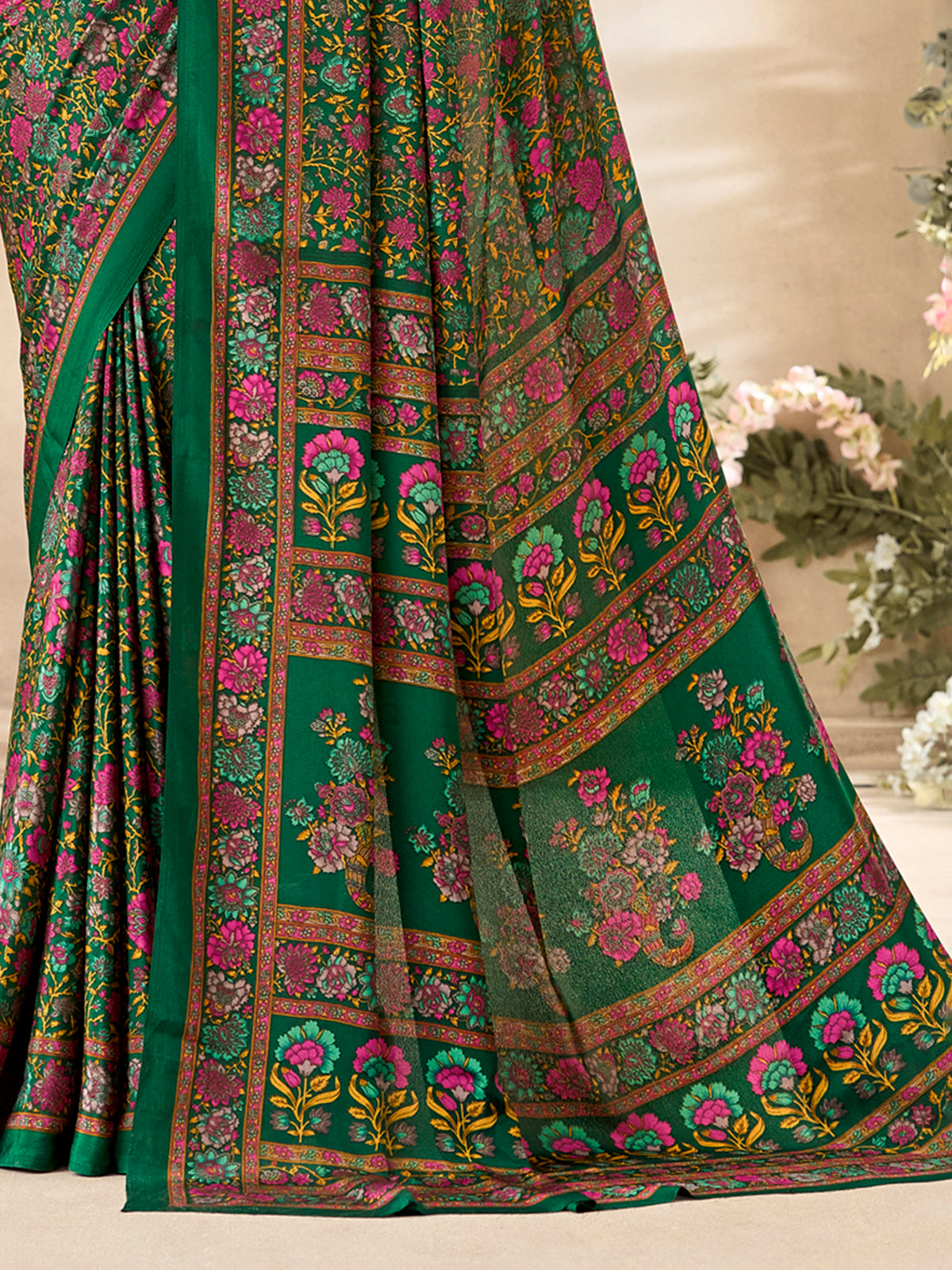 Green floral printed crepe silk elegant daily wear casual saree design