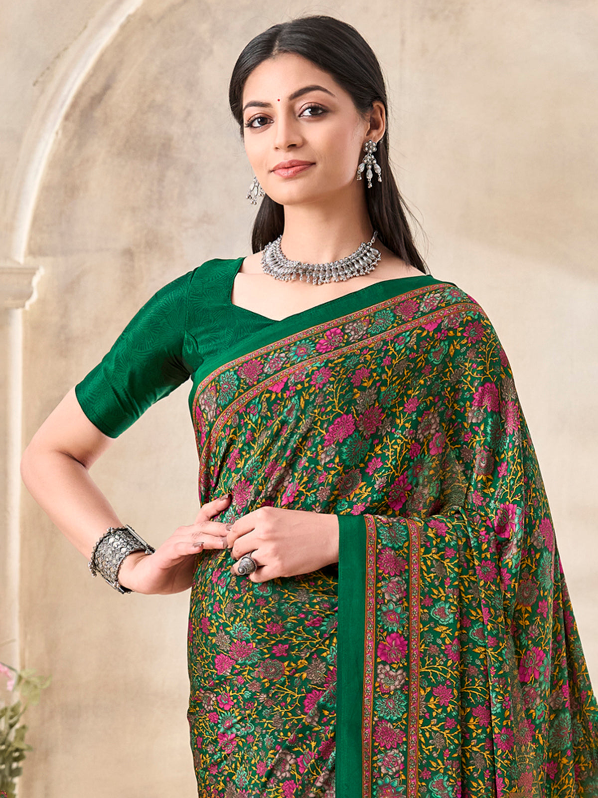 Green floral printed crepe silk elegant daily wear casual saree design