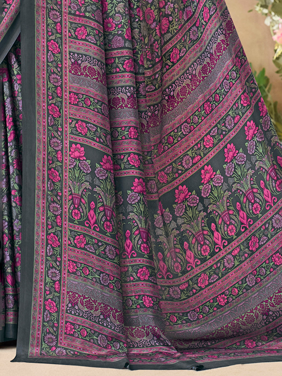 Charcoal grey floral printed crepe silk elegant casual saree for women