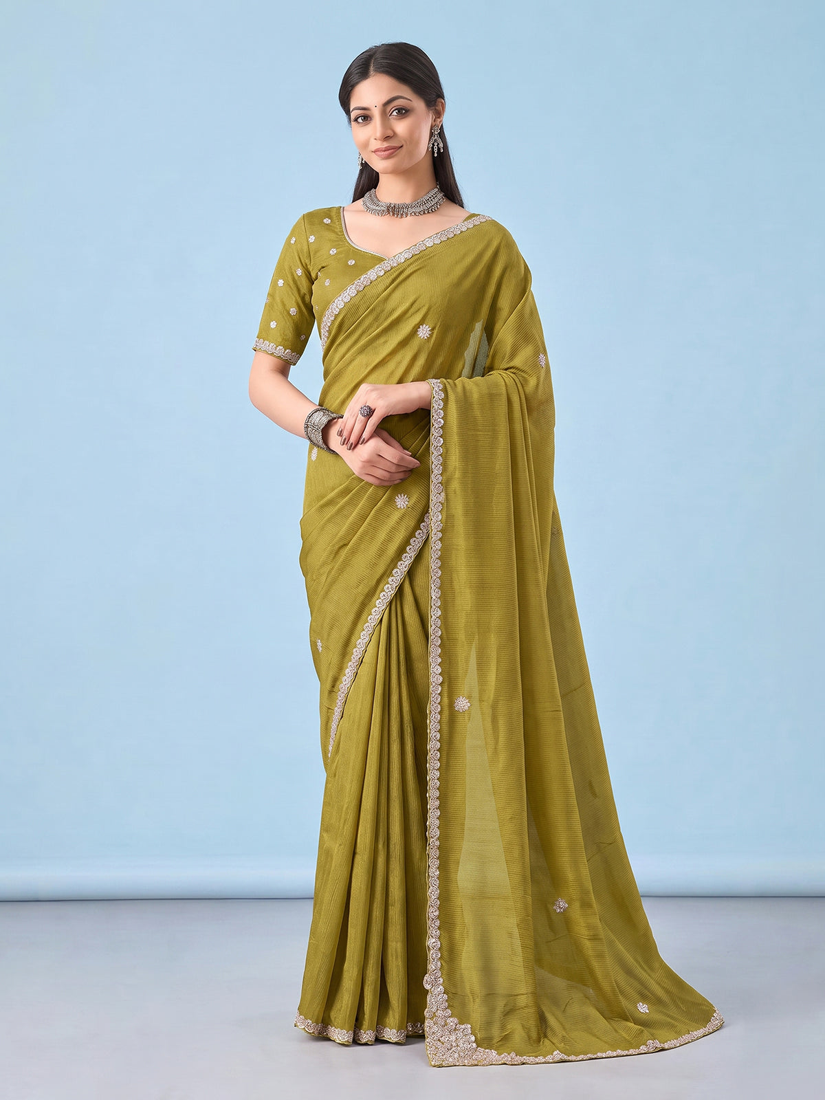 Elegant mehendi yellow dola tissue silk saree for women