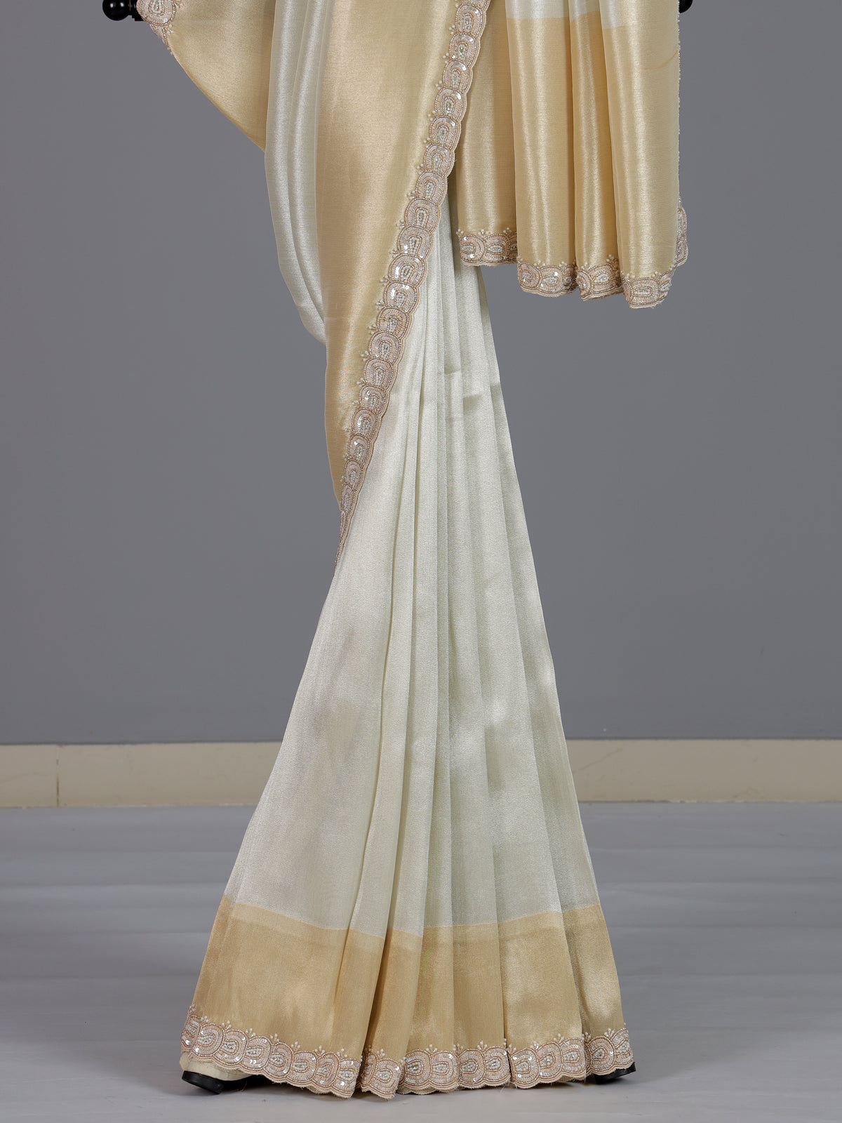 Classic white tissue silk saree with contrast border for women