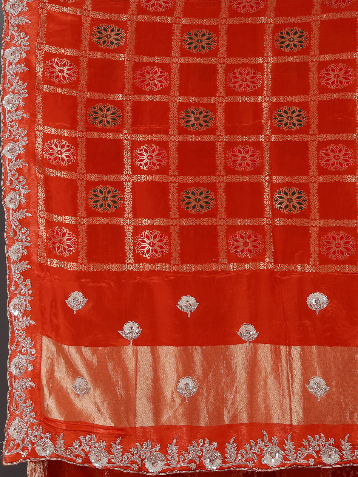Designer reddish orange dola silk saree for wedding functions