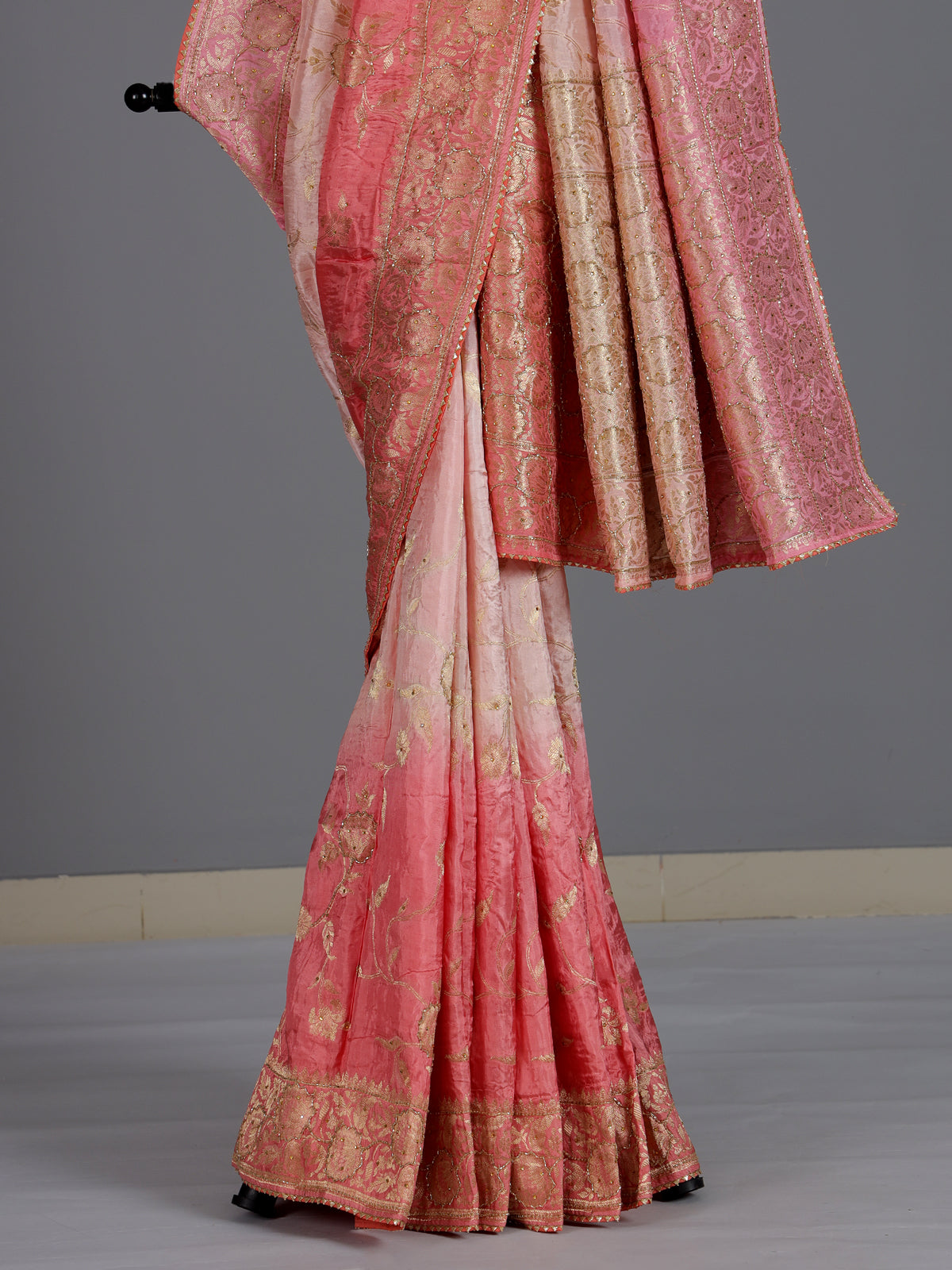 Beautiful pink shaded dola silk saree for wedding celebrations