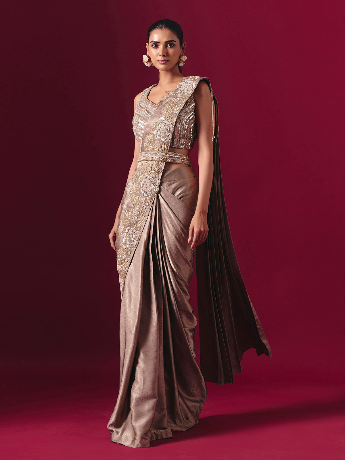 Pastel beige lycra designer ready to wear saree with elegant waist belt