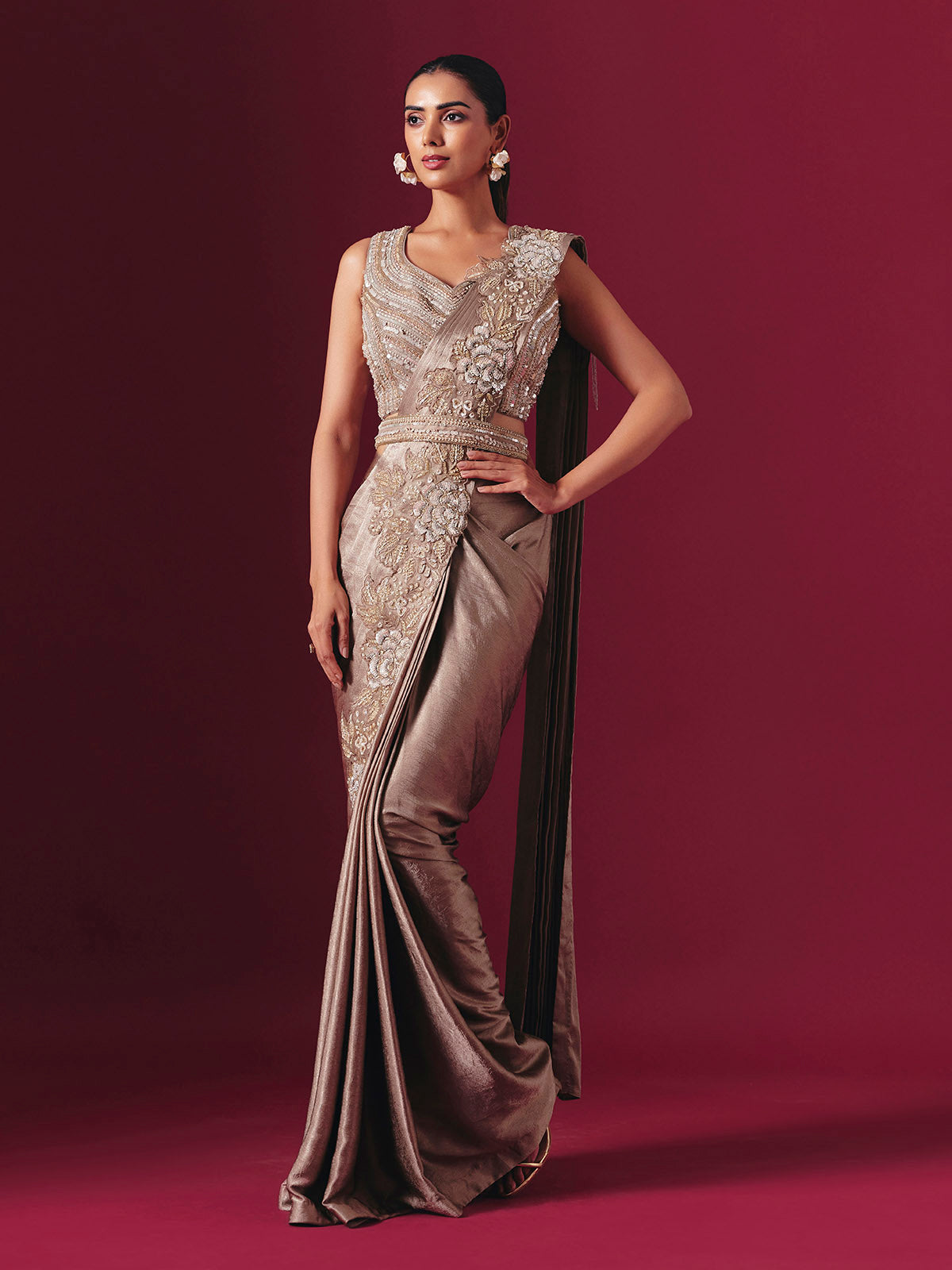 Pastel beige lycra designer ready to wear saree with elegant waist belt