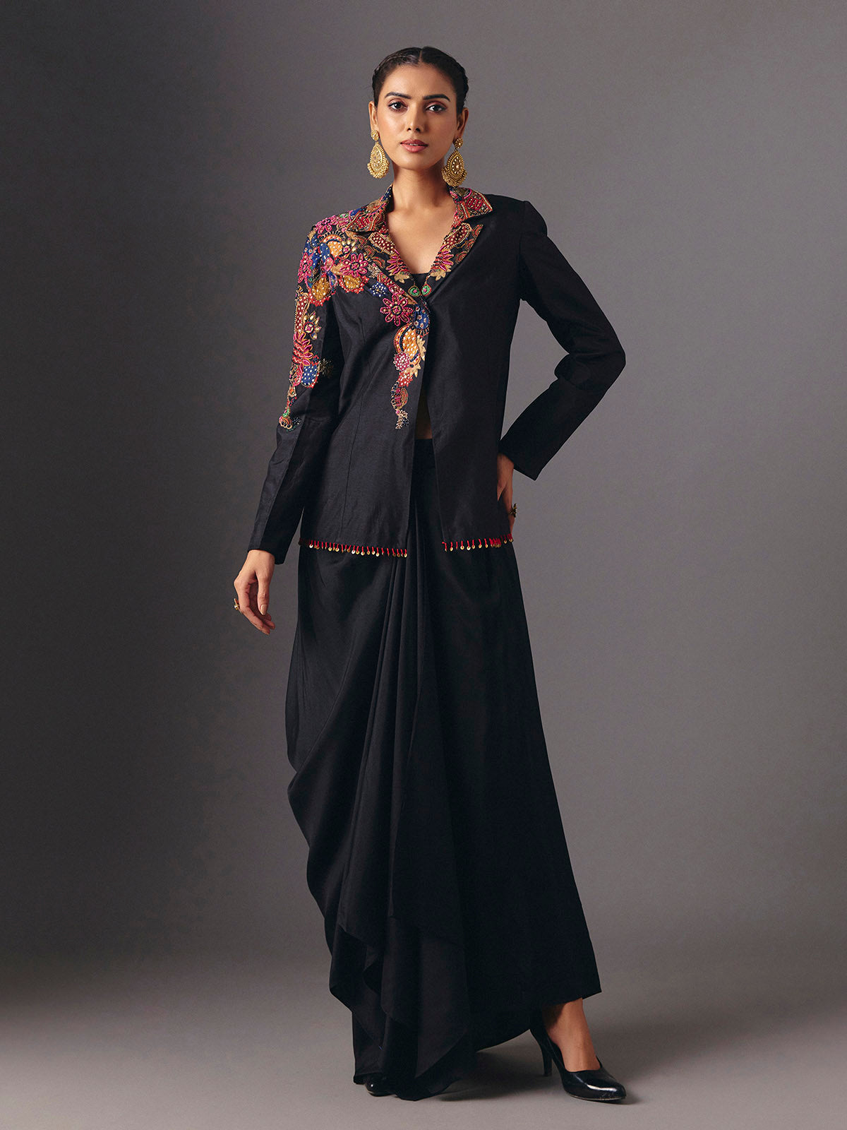 Black silk designer three piece indowestern suit with floral motifs