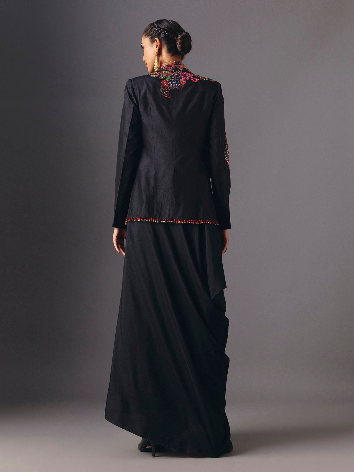 Black silk designer three piece indowestern suit with floral motifs