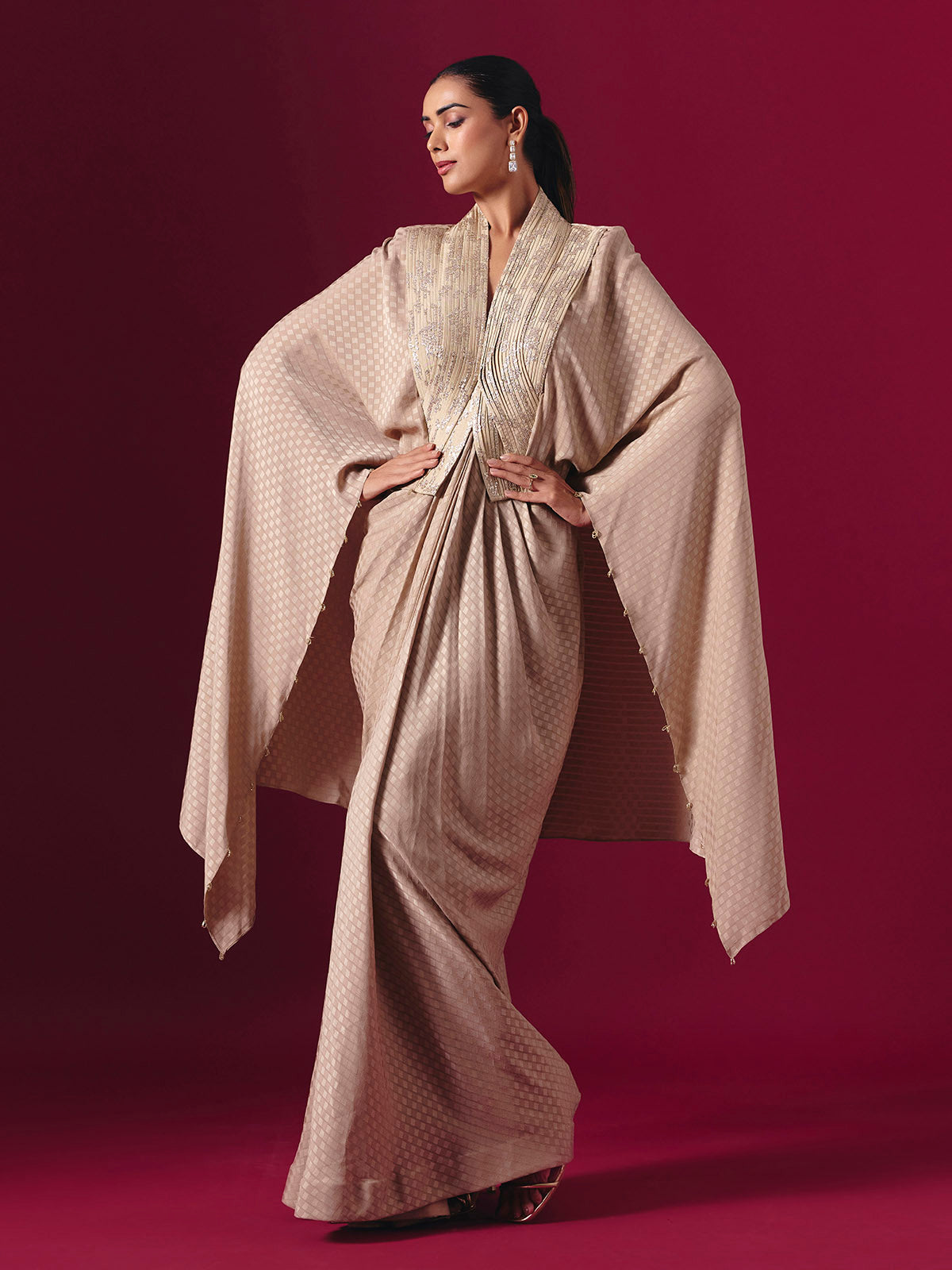 Beige soft georgette designer indowestern festive suit with zari