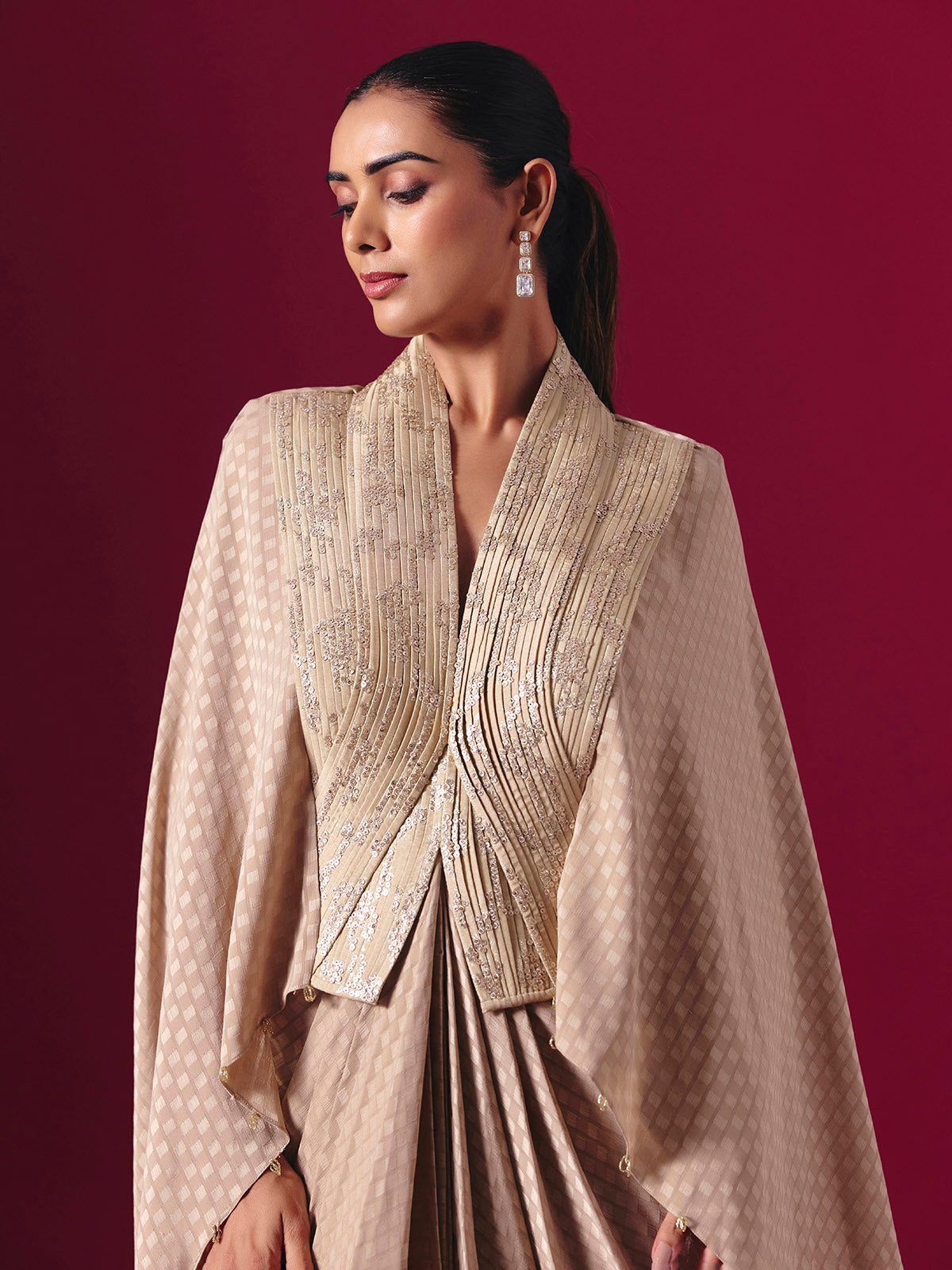 Beige soft georgette designer indowestern festive suit with zari