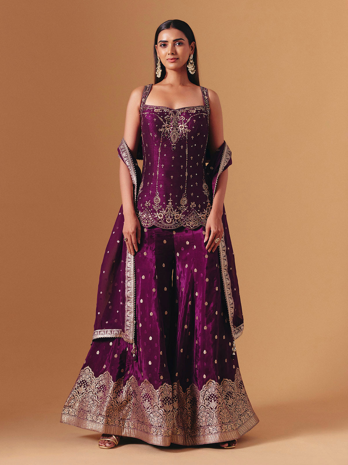 Purple raw silk embroidered palazzo suit with elegant festive dupatta