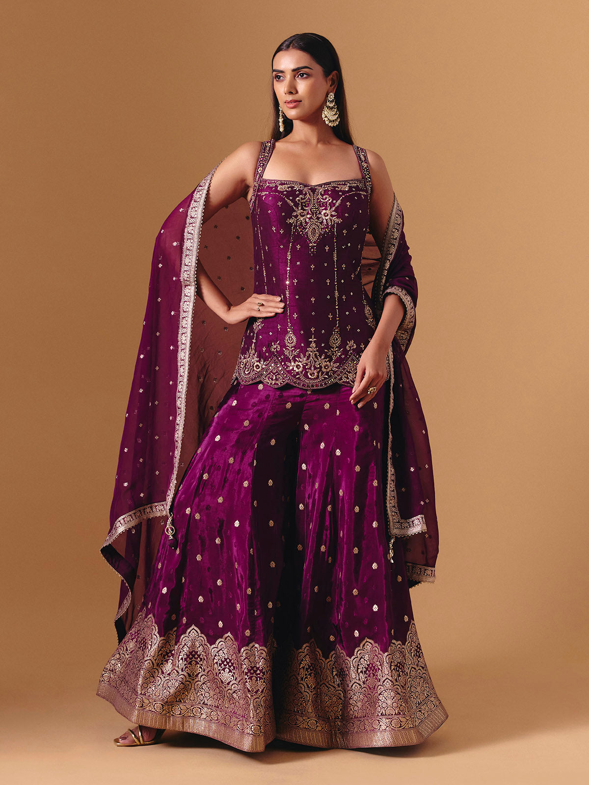 Purple raw silk embroidered palazzo suit with elegant festive dupatta