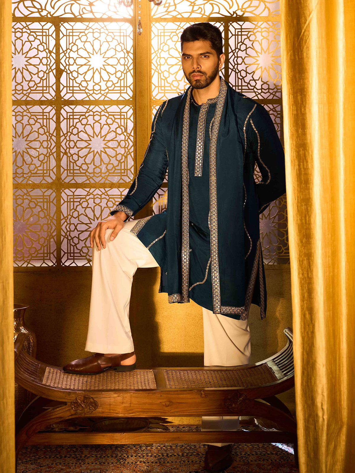 Teal blue embroidered rose silk designer kurta pajama