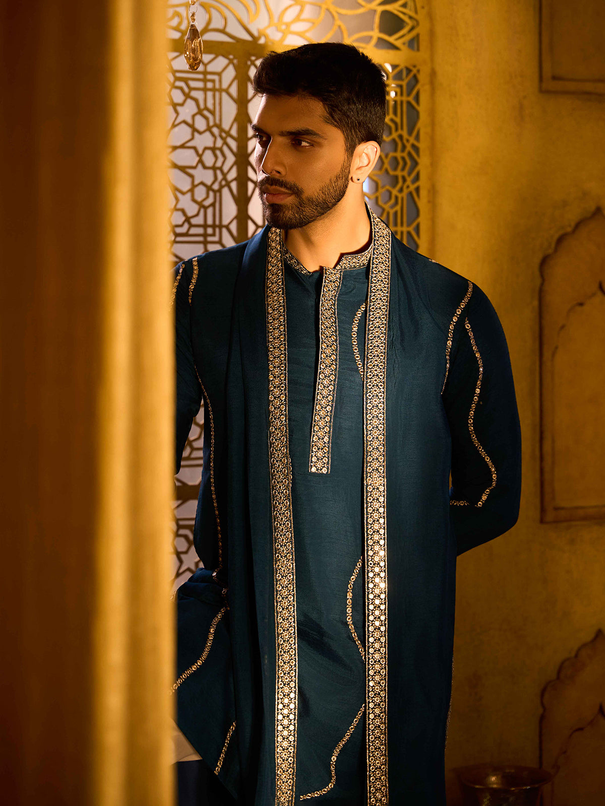 Teal blue embroidered rose silk designer kurta pajama