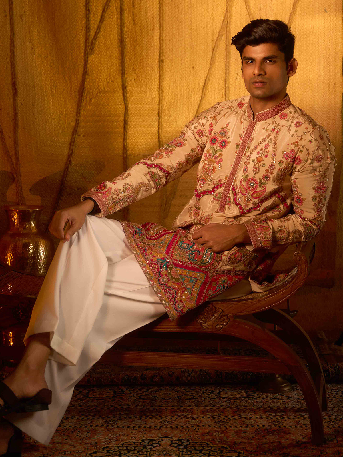 Cream viscose paisley embroidered premium kurta pajama