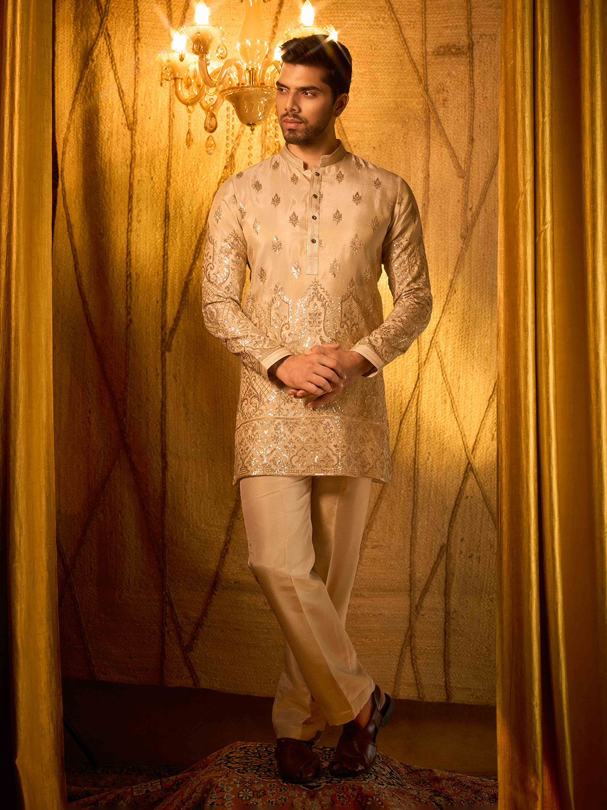 Beige tissue silk botanical designer kurta pajama
