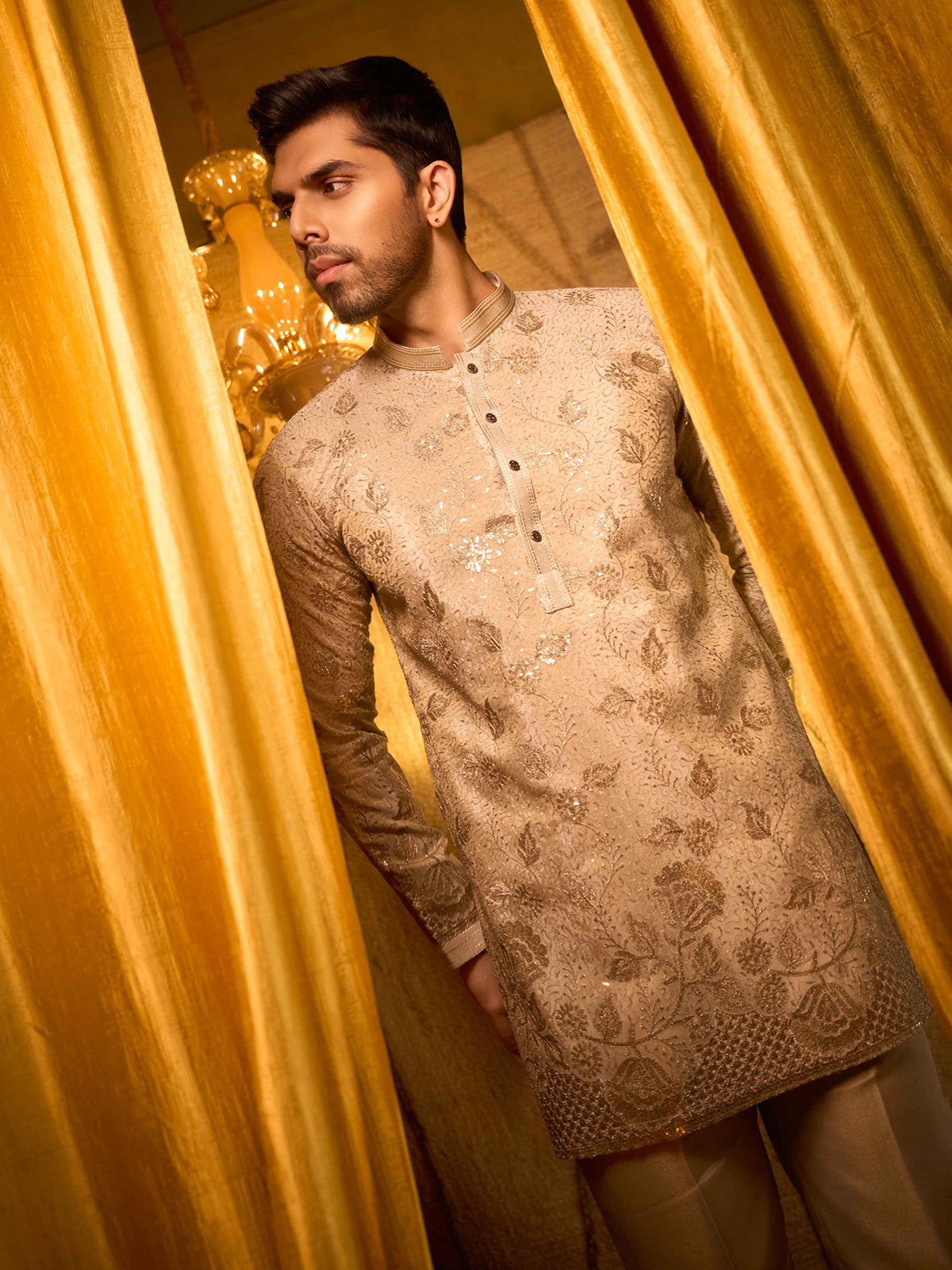 Beige premium tissue silk wedding kurta ensemble
