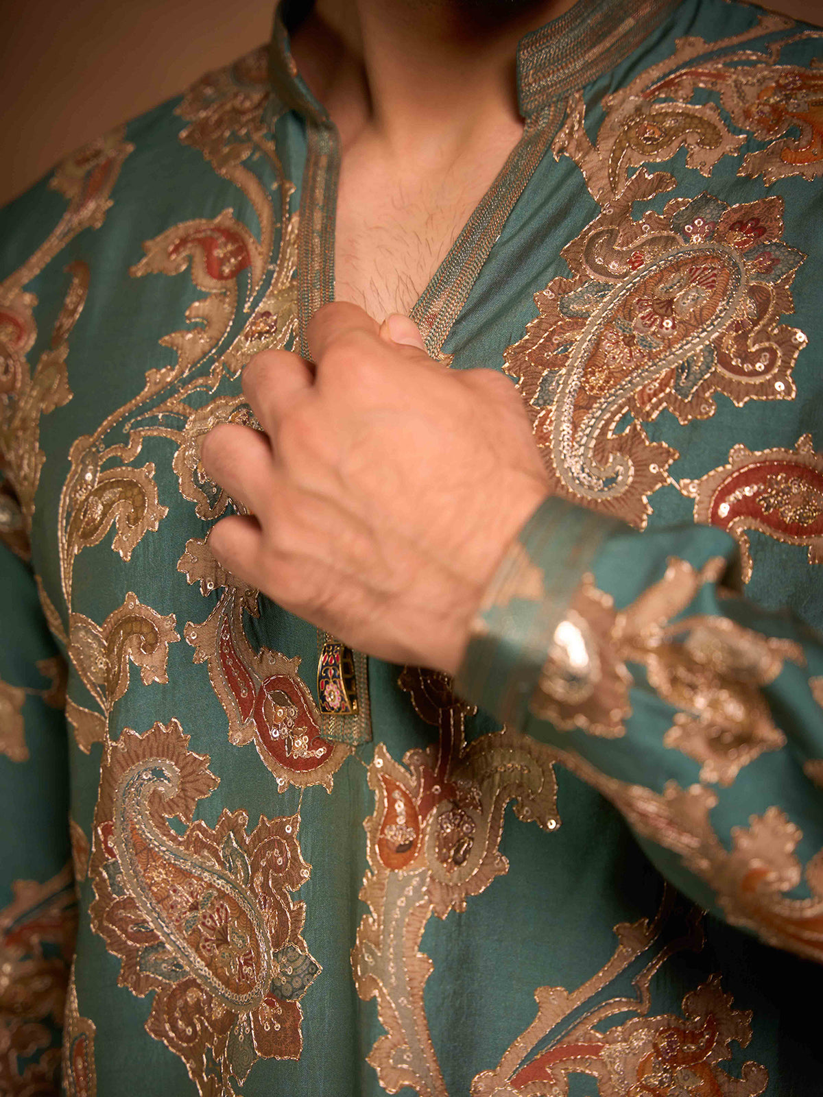 Teal green tissue silk paisley embroidered kurta pajama