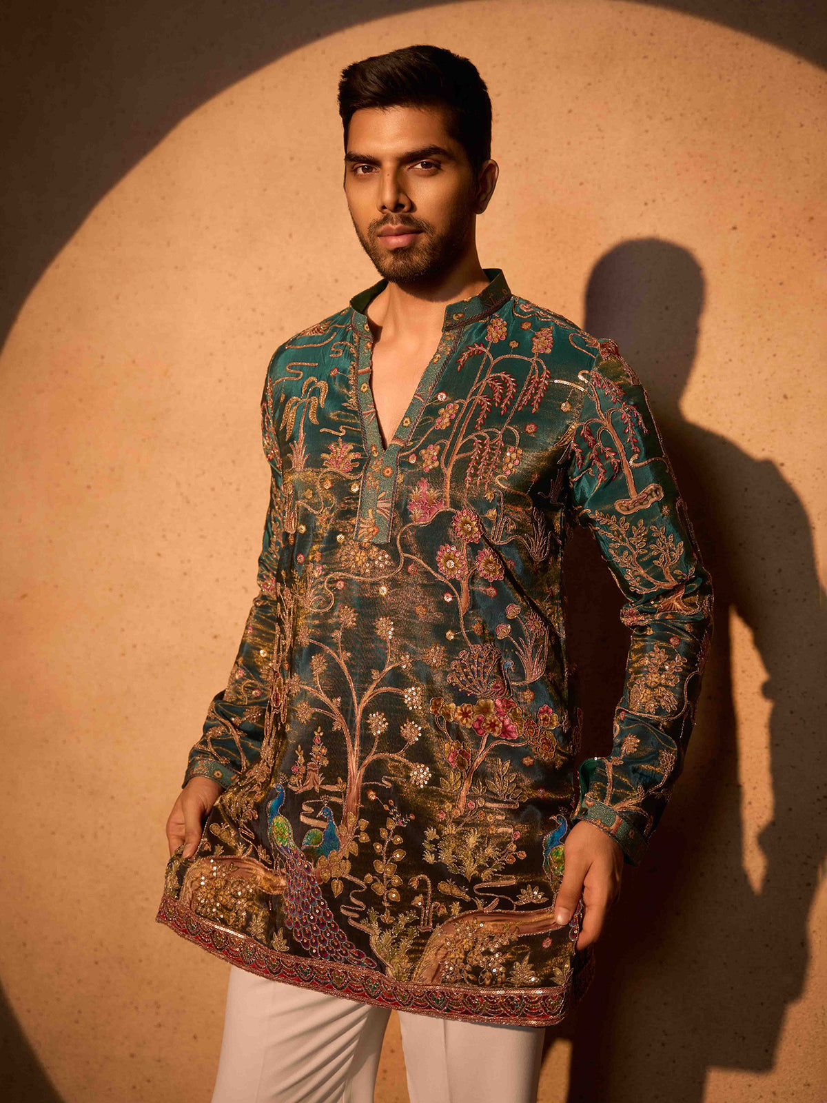 Bottle green tissue silk peacock heritage kurta pajama