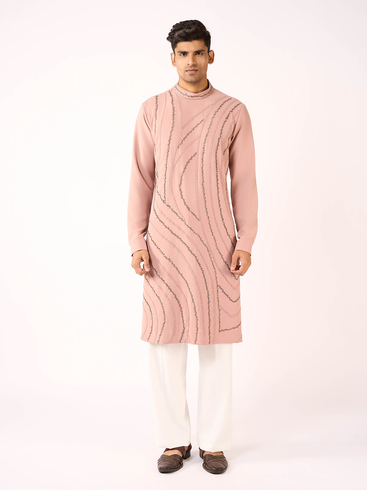 Baby pink terry rayon royal occasion kurta attire for men