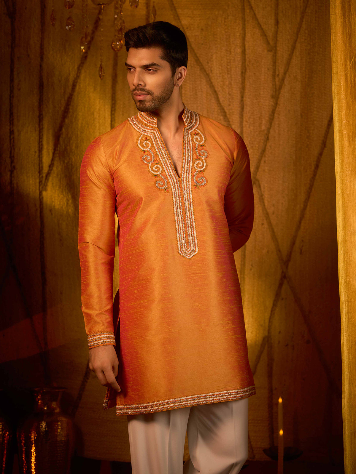 Rust yellow soft silk grand occasion kurta suit wear