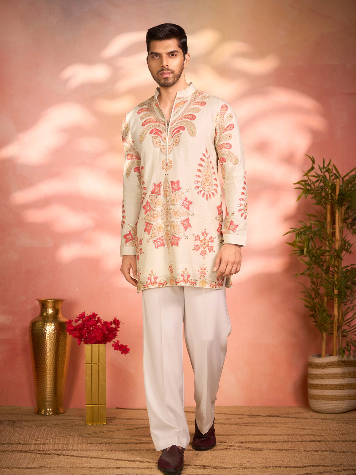 Cream tissue silk heritage celebration kurta pajama