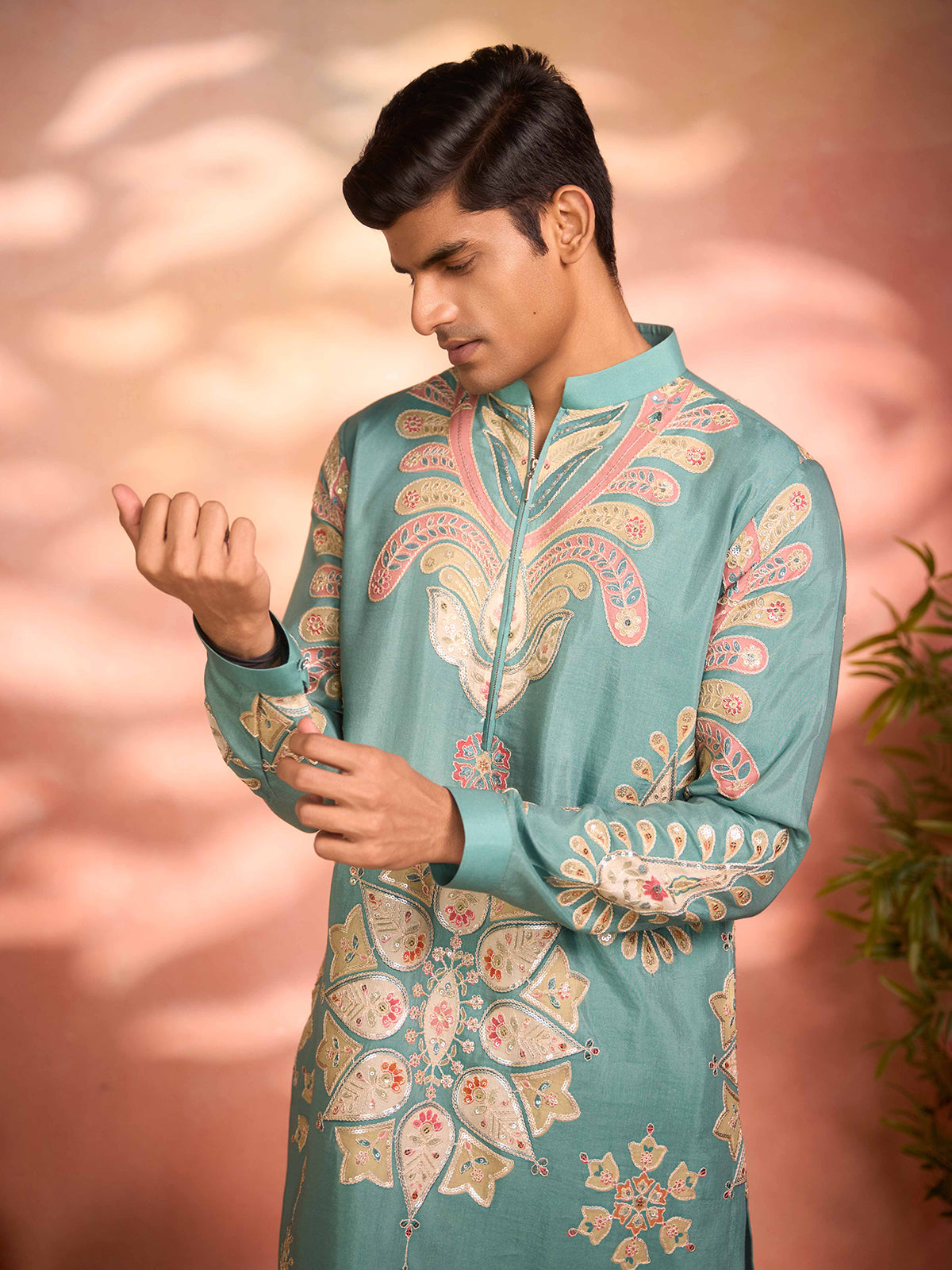Sky blue tissue silk signature wedding kurta suit
