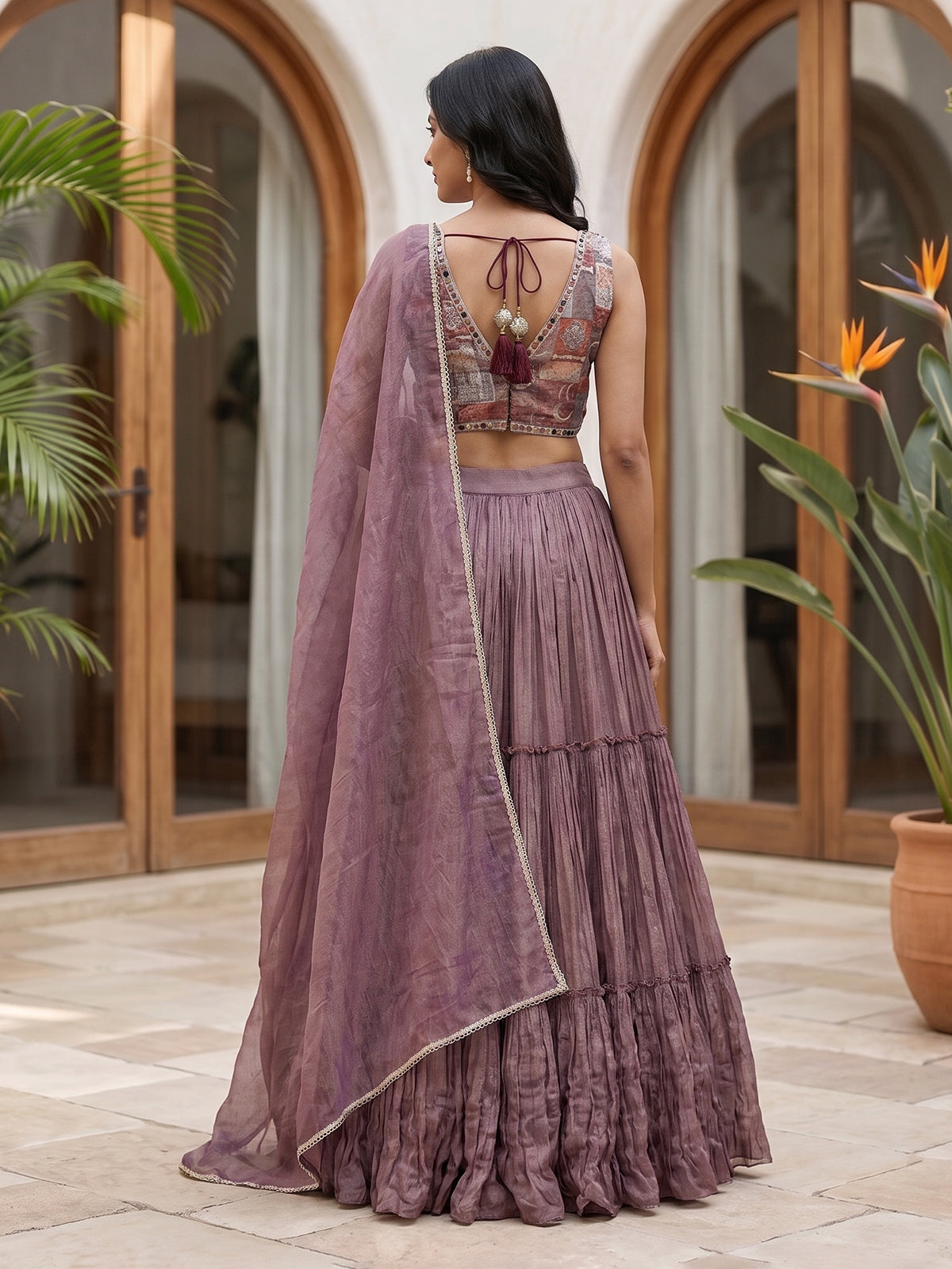 Purple patchwork embroidered crepe silk wedding lehenga look