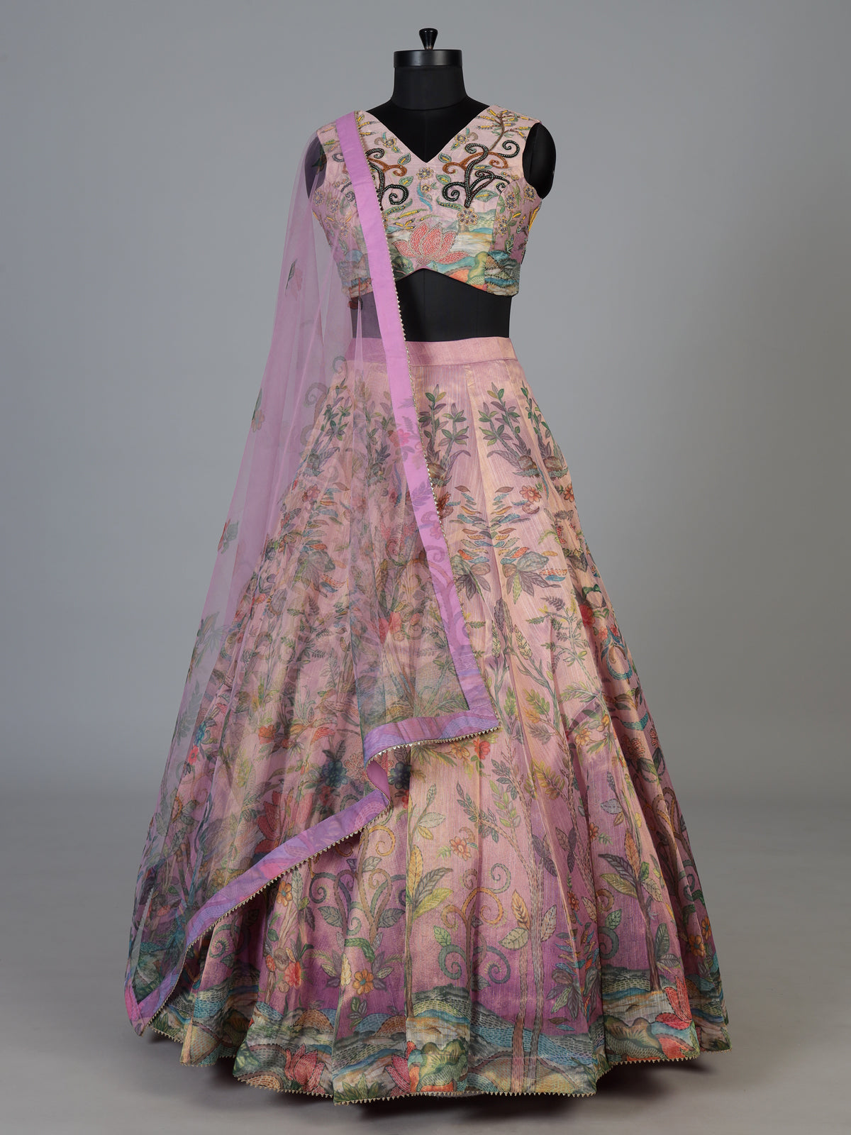 Lavender Pichwai printed georgette silk celebration lehenga