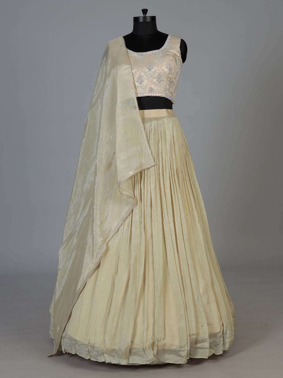 Cream metallic crepe silk designer wedding lehenga ensemble